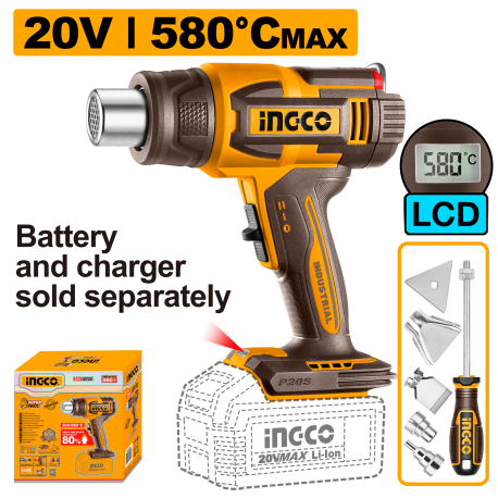 INGCO - Termosoffiatore a Batteria HGLI2058 | 20V | 580°C Max | Schermo LCD | 4 Ugelli + Raschietto | Solo Corpo (Nudo)