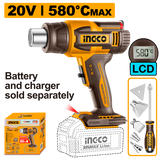 INGCO - Termosoffiatore a Batteria HGLI2058 | 20V | 580°C Max | Schermo LCD | 4 Ugelli + Raschietto | Solo Corpo (Nudo)