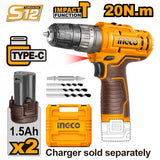 INGCO – Trapano Percussione 12V | 20Nm | Ricarica USB-C | Kit 2 Batterie 1,5Ah