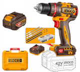 INGCO – Trapano Percussione Brushless 42V | 69Nm | Kit Batteria + 47 Accessori