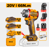 INGCO CDLI206686E trapano avvitatore brushless 20V 66Nm con 4 testine intercambiabili, 2 batterie 2Ah, caricatore, accessori e valigetta