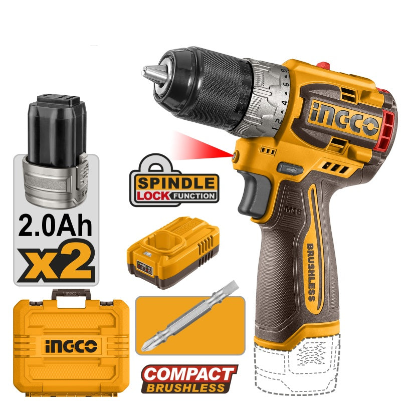 INGCO Trapano Avvitatore Compact Brushless 60Nm 16V con 2 batterie 2.0Ah e Valigetta