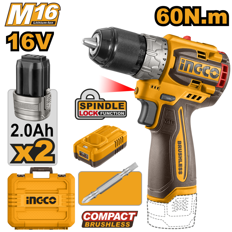 INGCO Trapano Avvitatore Compact Brushless 60Nm 16V con 2 batterie 2.0Ah e Valigetta