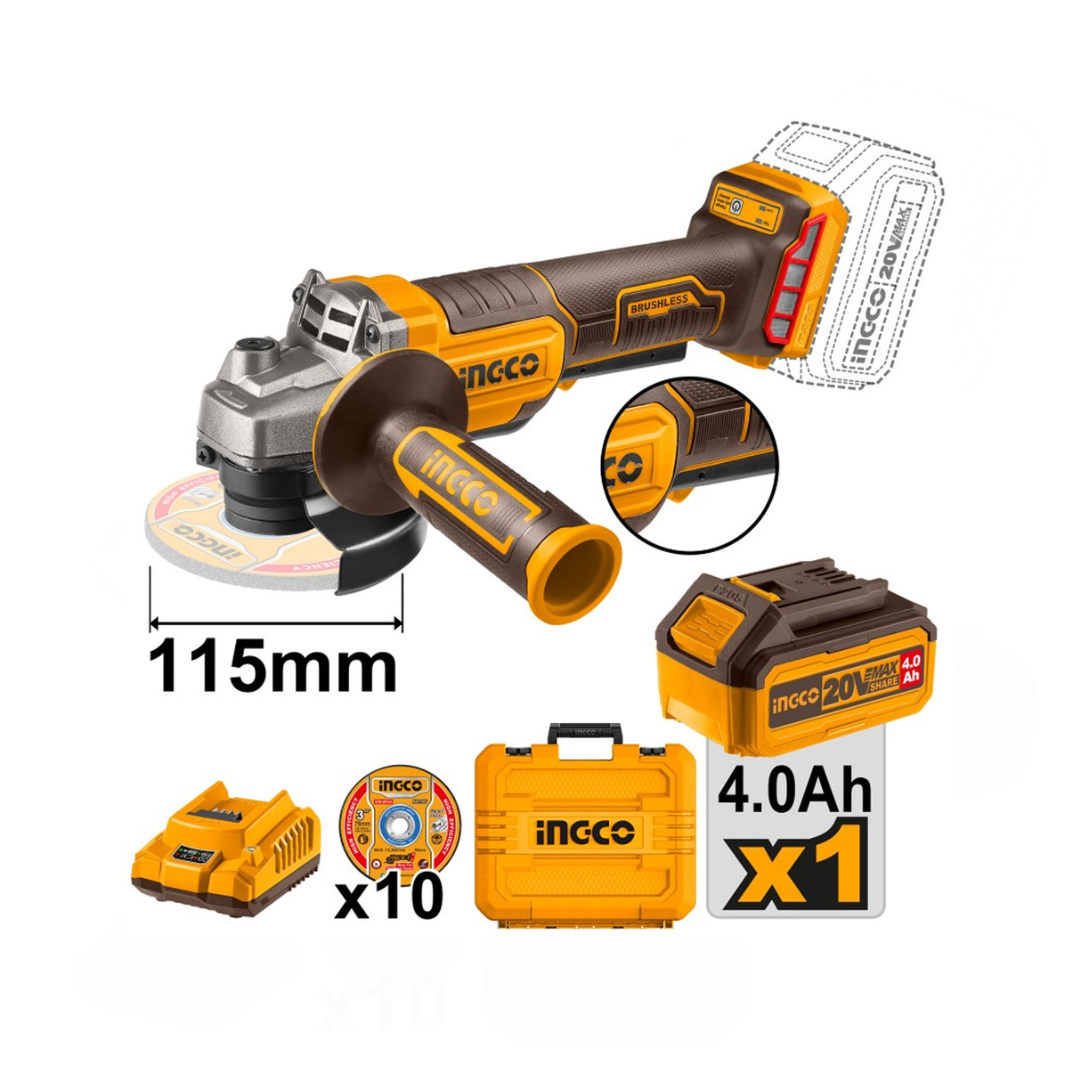 Smerigliatrice angolare 115mm 20V  con 1 batteria + 10 dischi in valigetta - INGCO