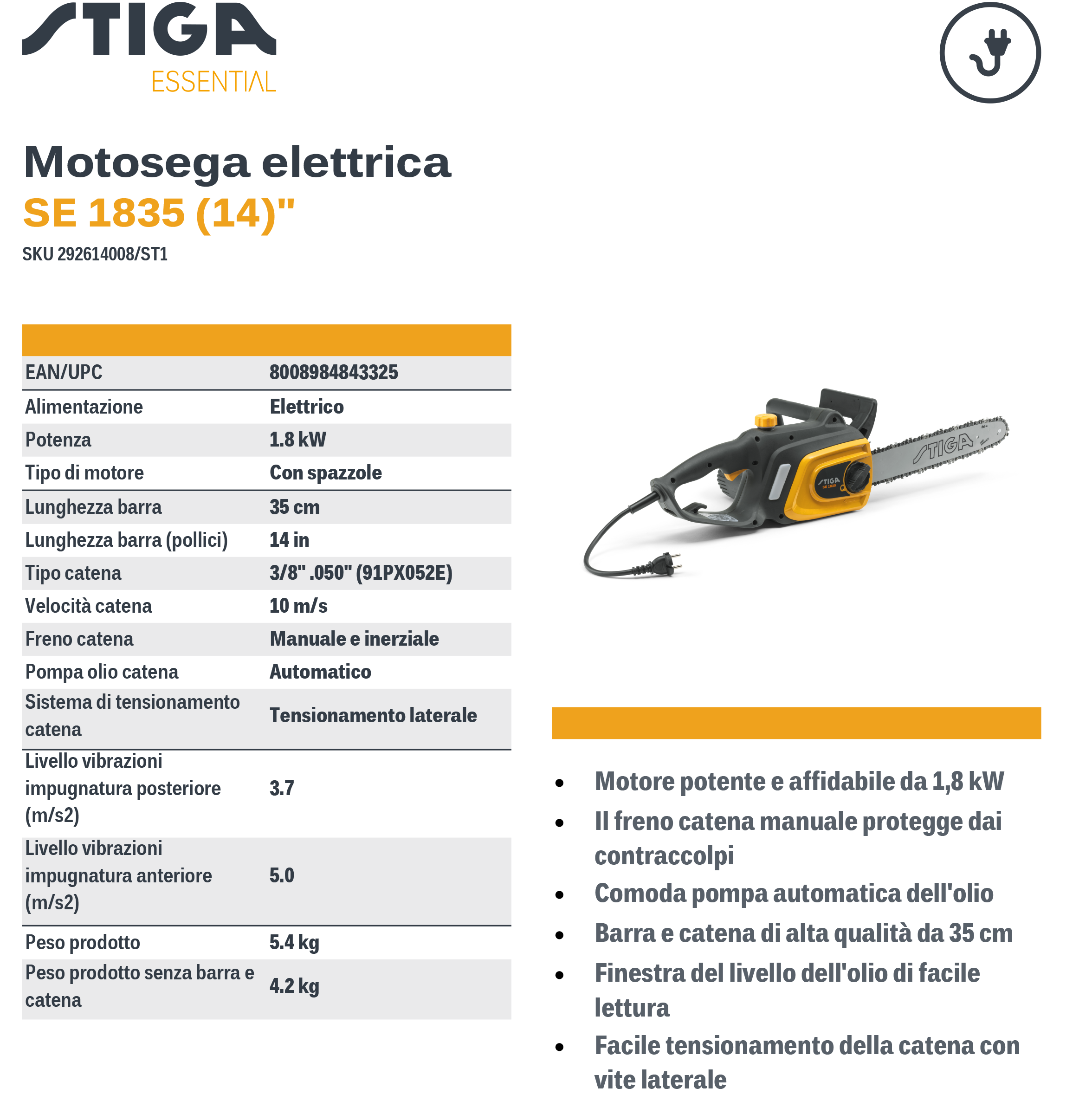 STIGA 1800W electric saw - SE 1835 - 35cm bar
