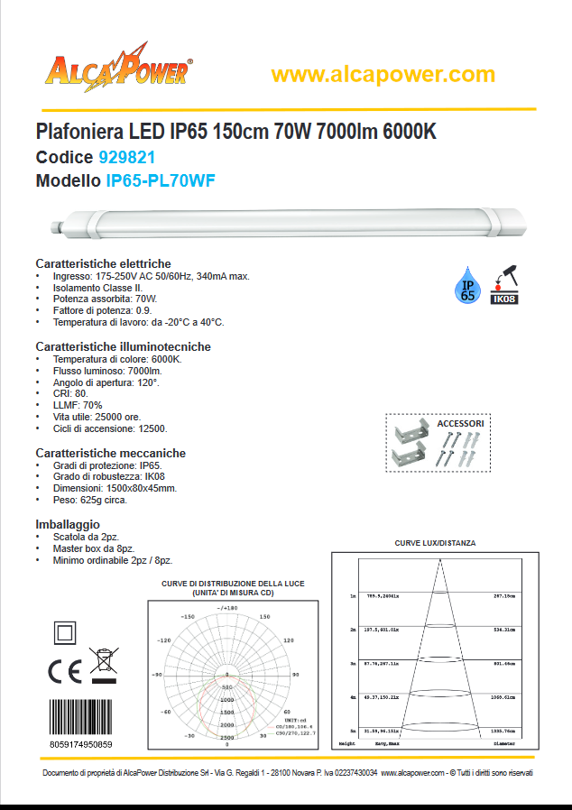 IP65 LED ceiling light 150cm 70W 7000lm 6000K 