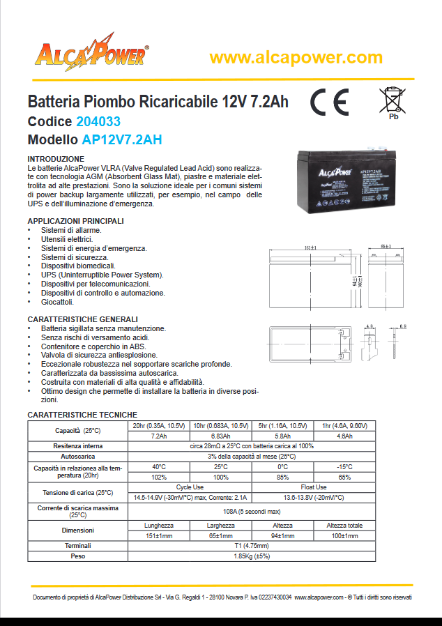 Batteria al piombo ricaricabile ermetica per sistemi di allarme 12V 7.2Ah