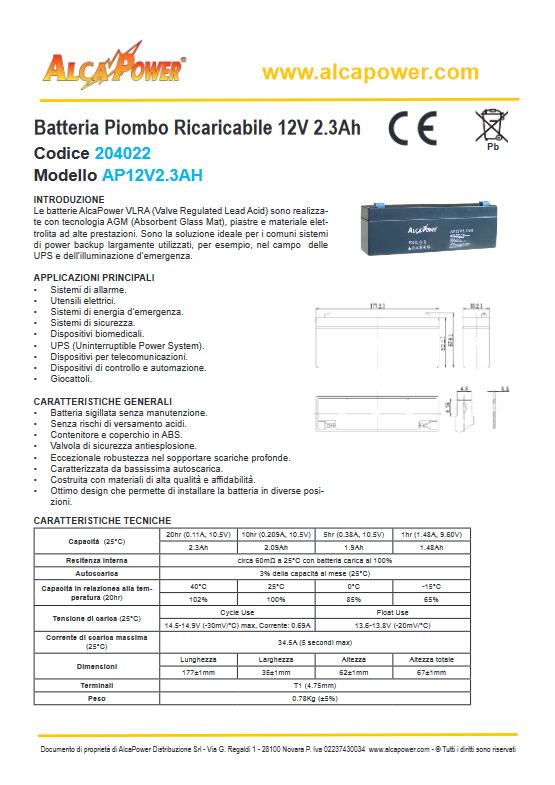 Batteria al piombo ricaricabile ermetica per sistemi di allarme 12V 2.3Ah