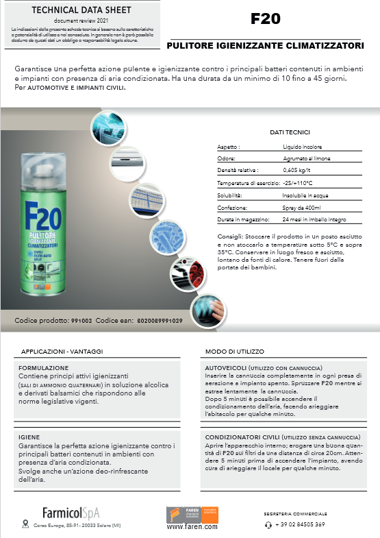 F20 FAREN disinfectant sanitizing spray for air conditioners and air conditioners