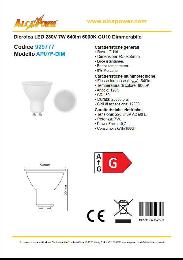 Lampadina GU10 LED 230V 7W 540lm luce fredda 6000K GU10 Dimmerabile - ALCAPOWER