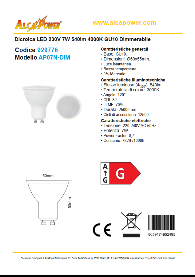 Lampadina GU10 LED 230V 7W 540lm luce naturale 4000K GU10 Dimmerabile - ALCAPOWER