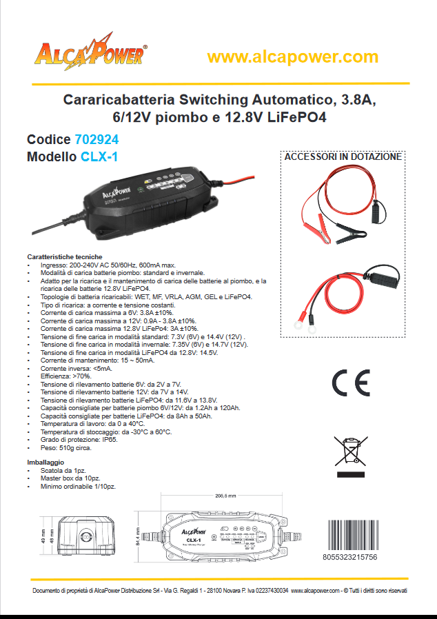 Automatisches Batterieladegerät mit Ladeerhaltungsfunktion 3,8 A 6/12 V – CLX-1 ALCAPOWER
