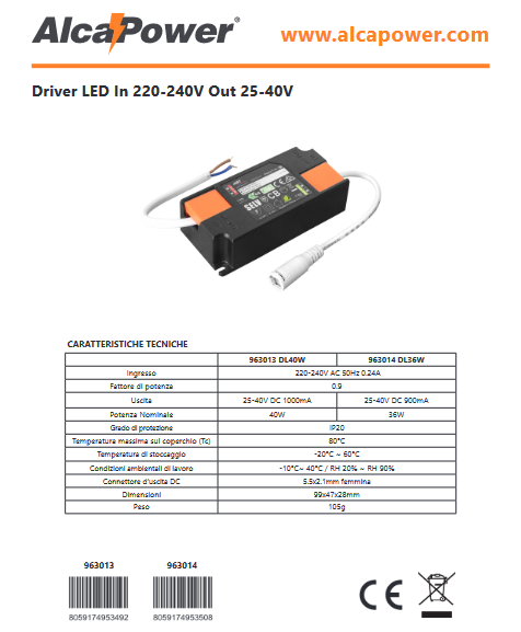 Alimentatore Driver per pannelli LED 220-240V Out 25-40V 900mA DC 40W