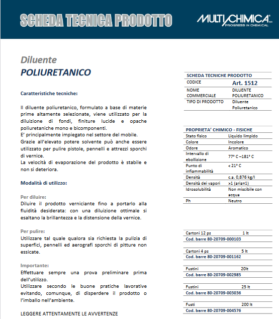 Diluente poliuretanico Top diluizione fondi finiture poliuretaniche 1LT MULTICHIMICA