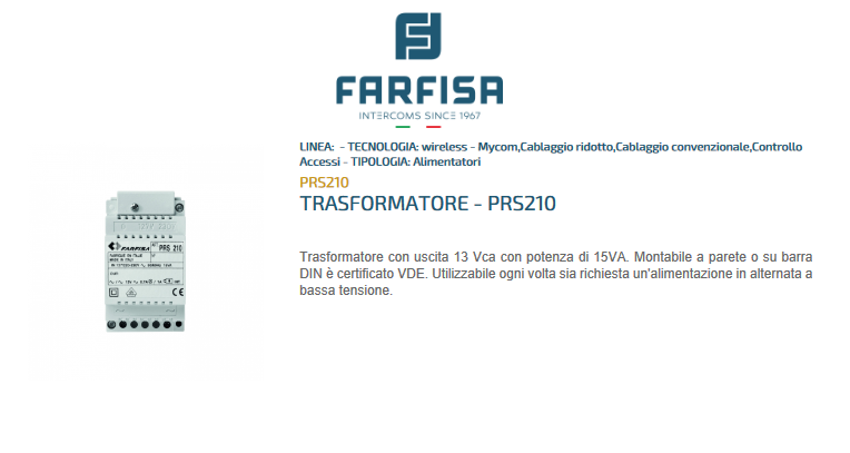 Power supply transformer - PRS210 FARFISA