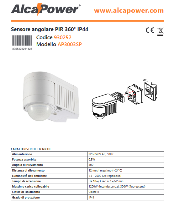 Sensore di presenza-movimento angolare PIR 360° IP44