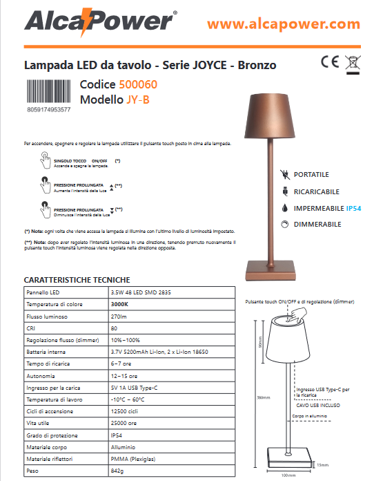 Lampada LED da tavolo ricaricabile dimmerabile - Joyce
