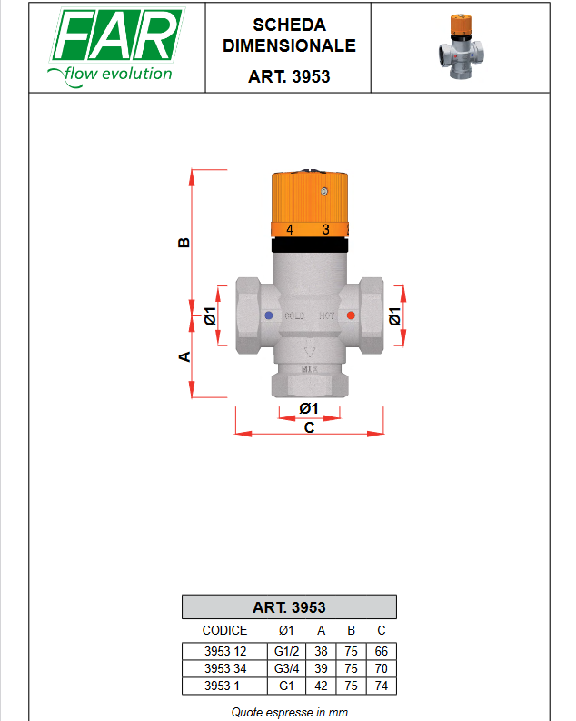 Thermostatic mixing valve for solar systems with 1/2" female connections - FAR
