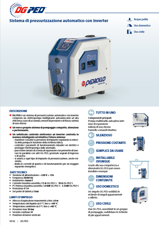 Sistema di pressurizzazione automatico con inverter DG PED 5 1,5HP Pedrollo