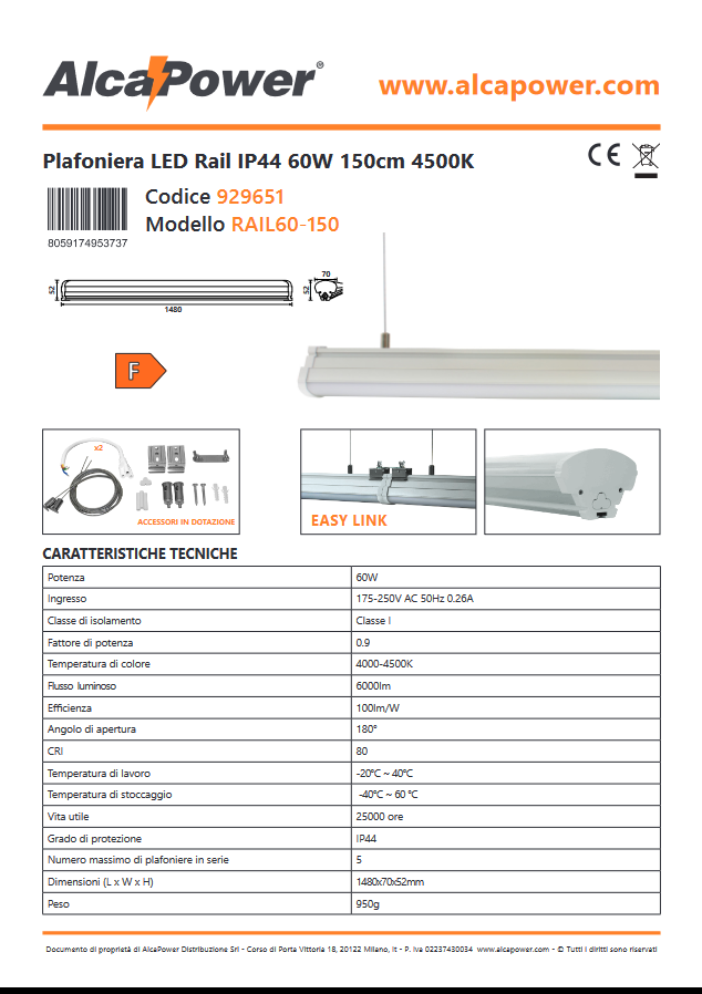 Plafoniera LED Rail IP44 60W 150cm 4500K