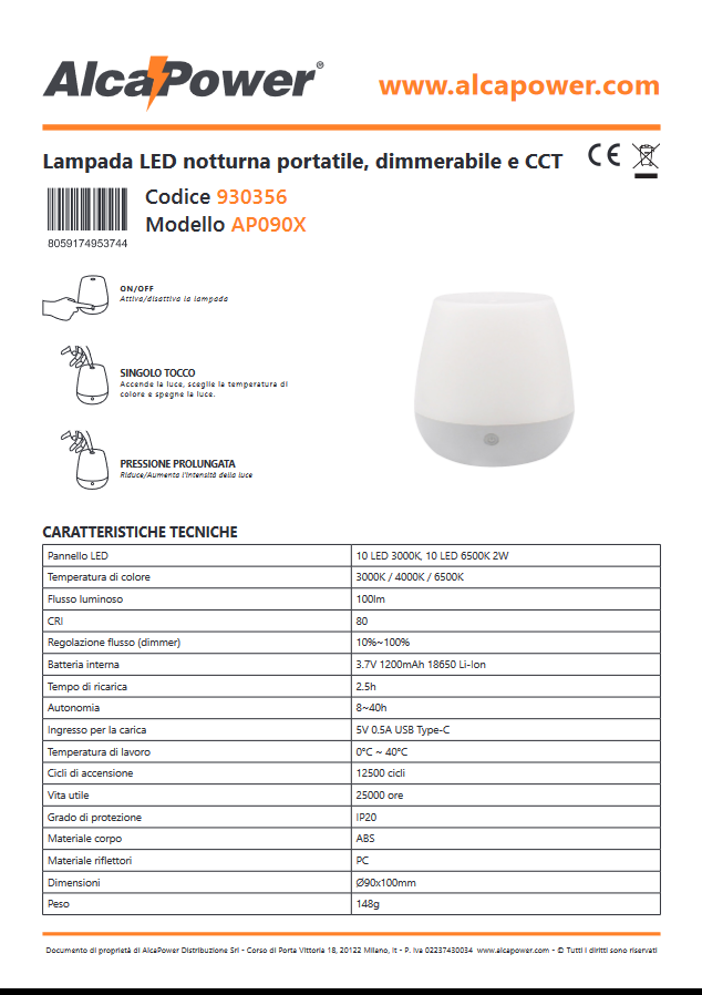 Lampada LED notturna portatile, dimmerabile e CCT