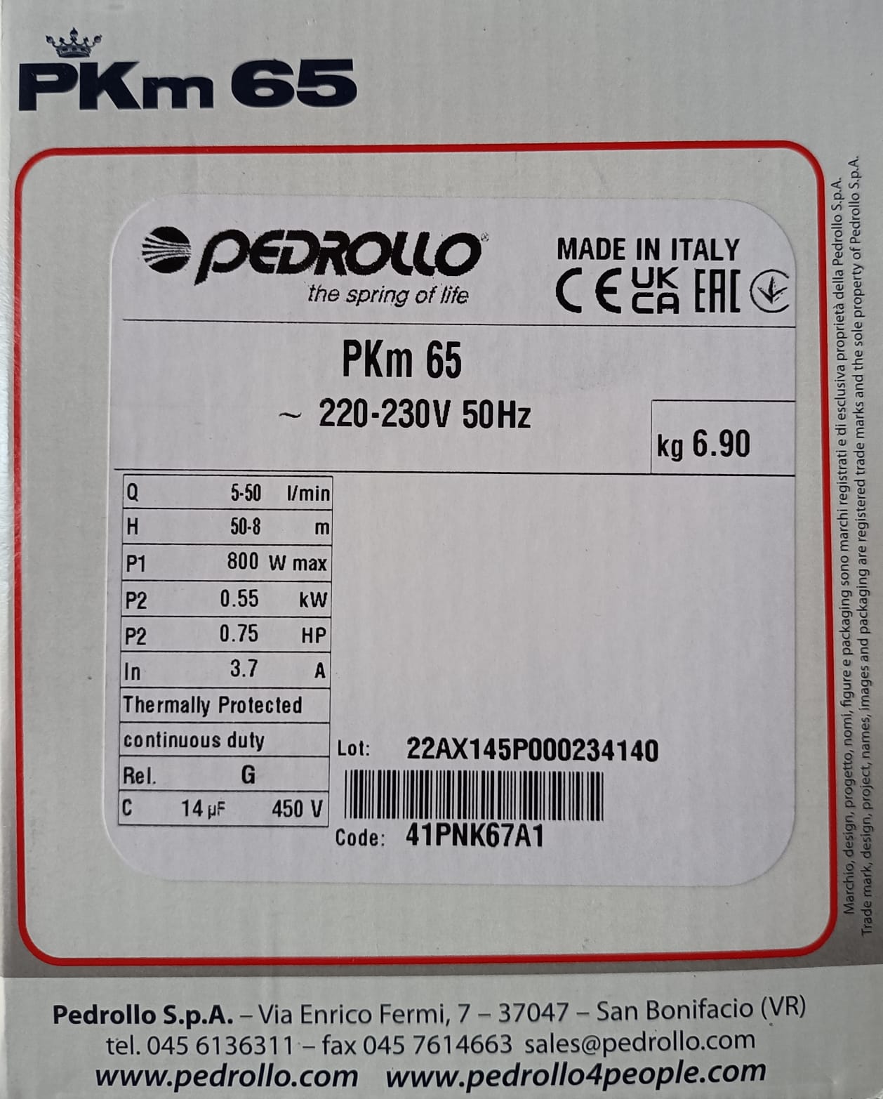 Elektropumpe Pedrollo PKm 65 PS 0,70 mit einphasigem peripherem Laufrad
