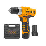 12V screwdriver drill with 2 1.5Ah lithium batteries in INGCO case