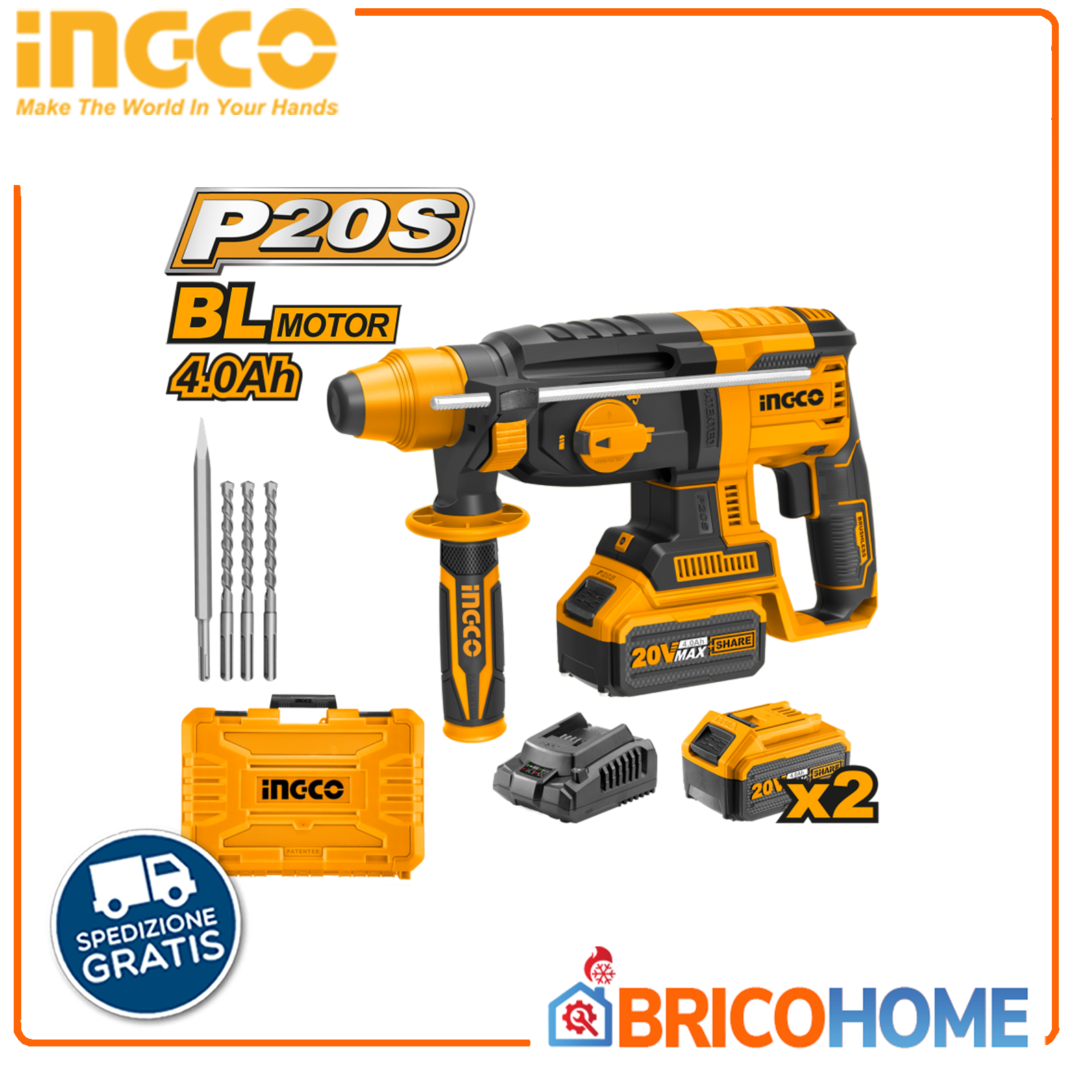 20V BRUSHLESS demolition hammer - 2 4Ah batteries and battery charger in case - INGCO