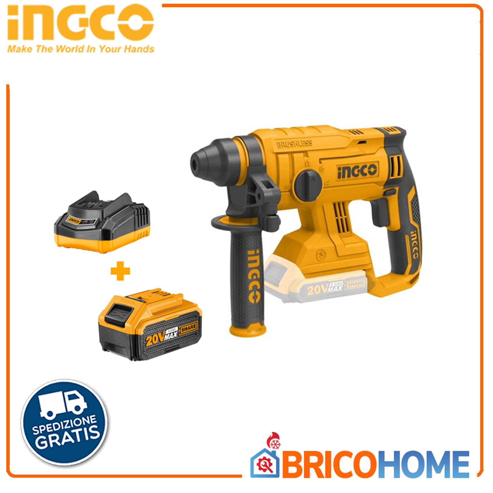 INGCO KIT Cordless demolition hammer + battery charger + 4Ah battery